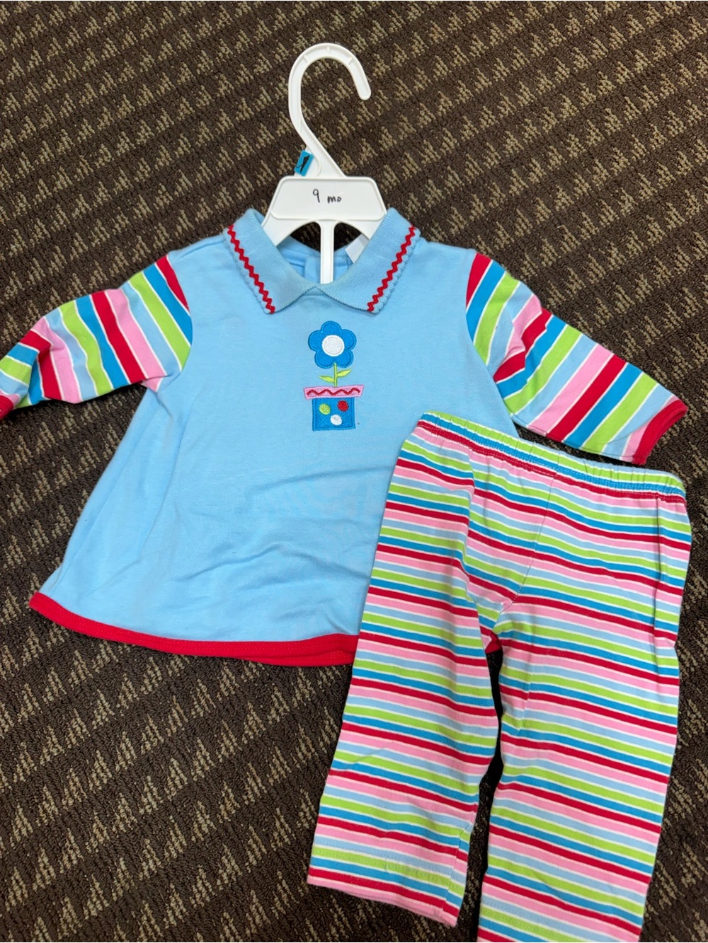 Light Blue Floral Collared Kids Pajama Set with Multicolor Stripes